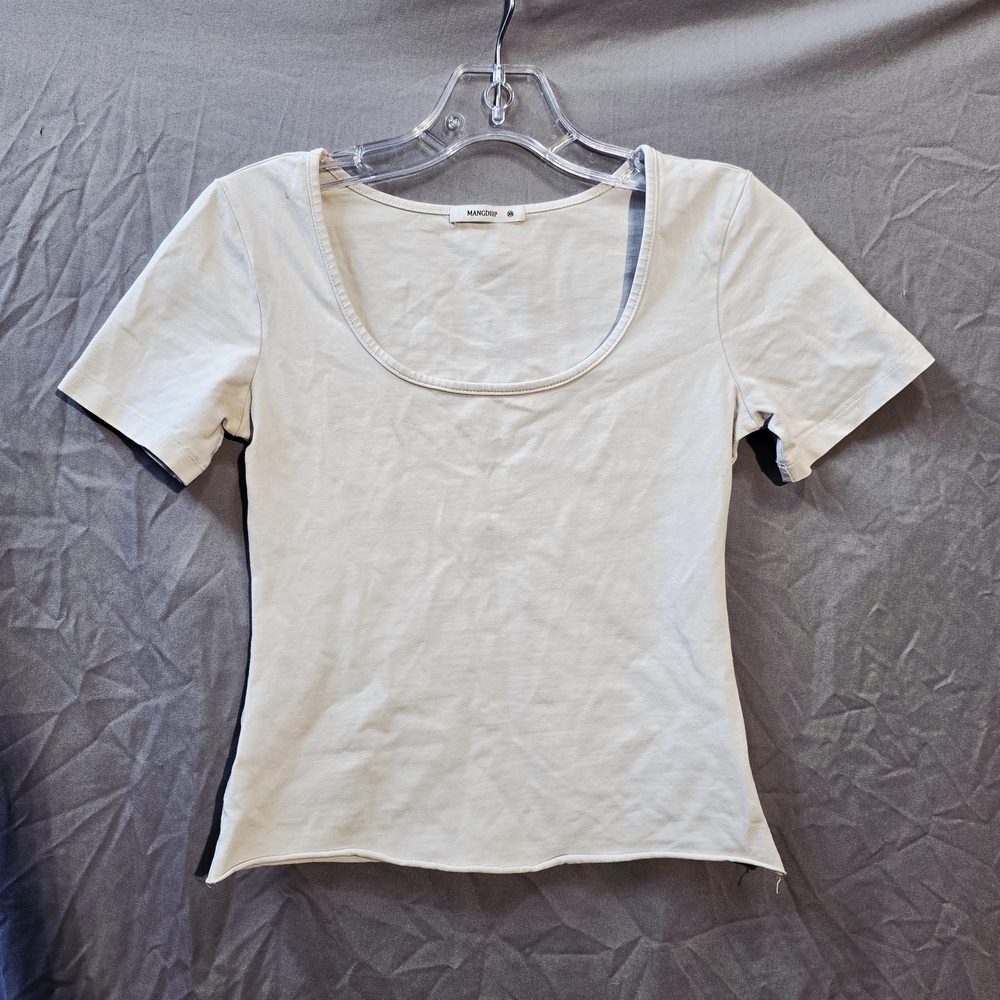 Mangdiup Cream Reworked Raw Hem Scoop Neck Layering Tee Shirt Crop XS
